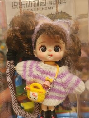 Cute Purple-Striped Knit Doll Sweater with Yellow Bag - Kids Toy